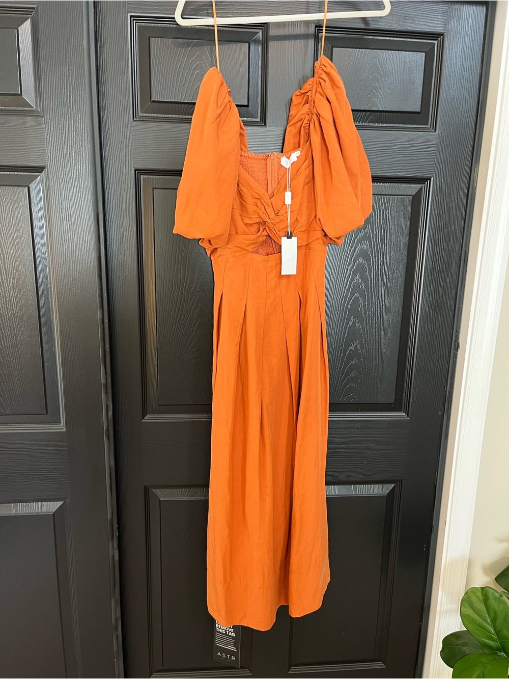 Astr Rust-Orange Puff Sleeve Cut-Out Midi Dress